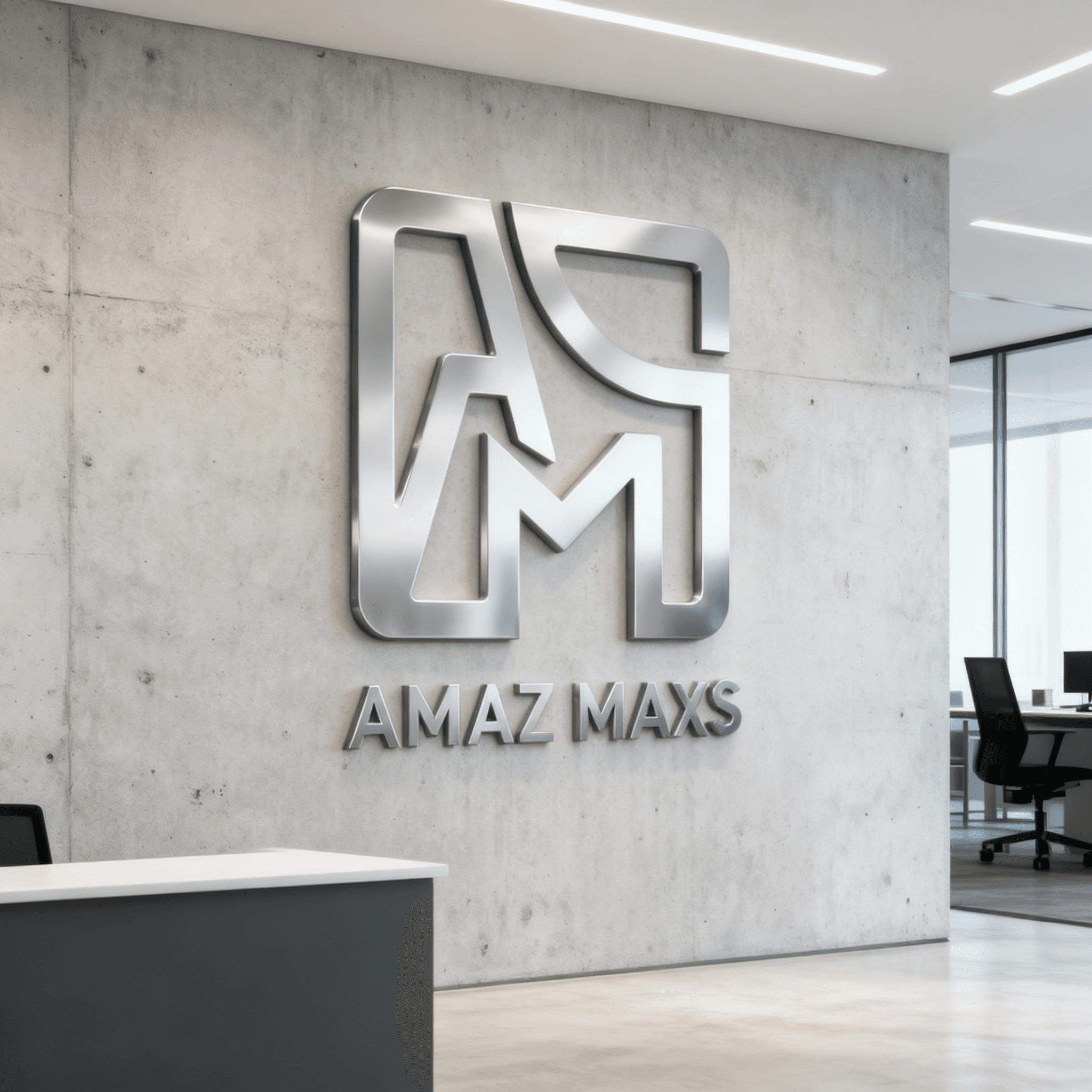 AMAZ MAXS silver logo on a modern office wall